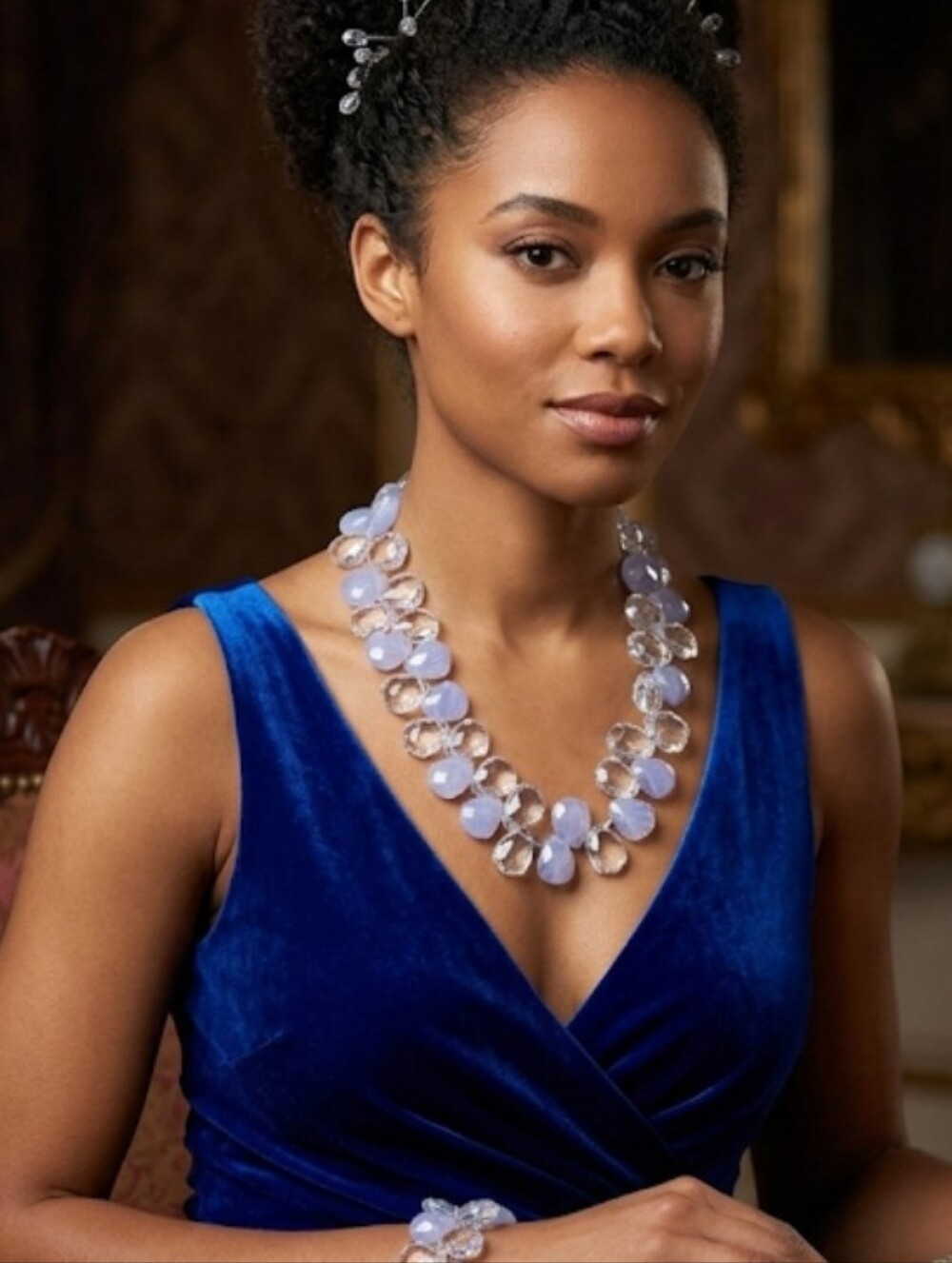 Chunky Faceted Blue Chalcedony & Clear Faceted Crystal Necklace, Choker 16"